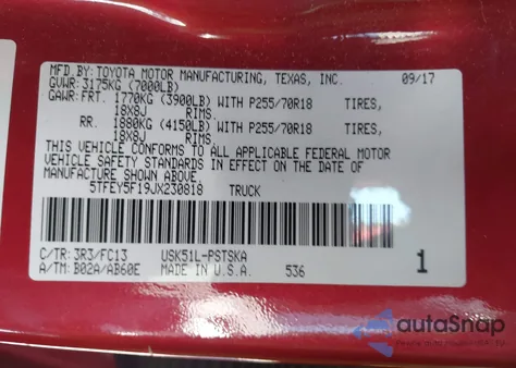 2018 Toyota Tundra Sr5 5.7L V8 z USA, uszkodzony, nr VIN 5TFEY5F19JX230818